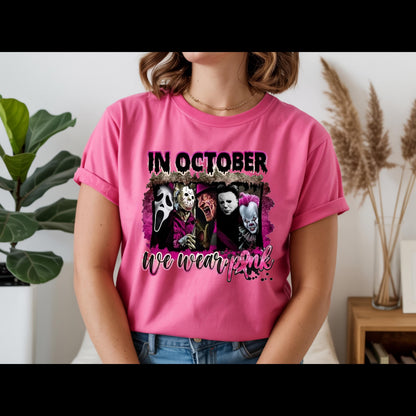 In October We Wear Pink Horror Shirt | Breast Cancer Awareness Halloween Tee | Spooky Pink Out Shirt