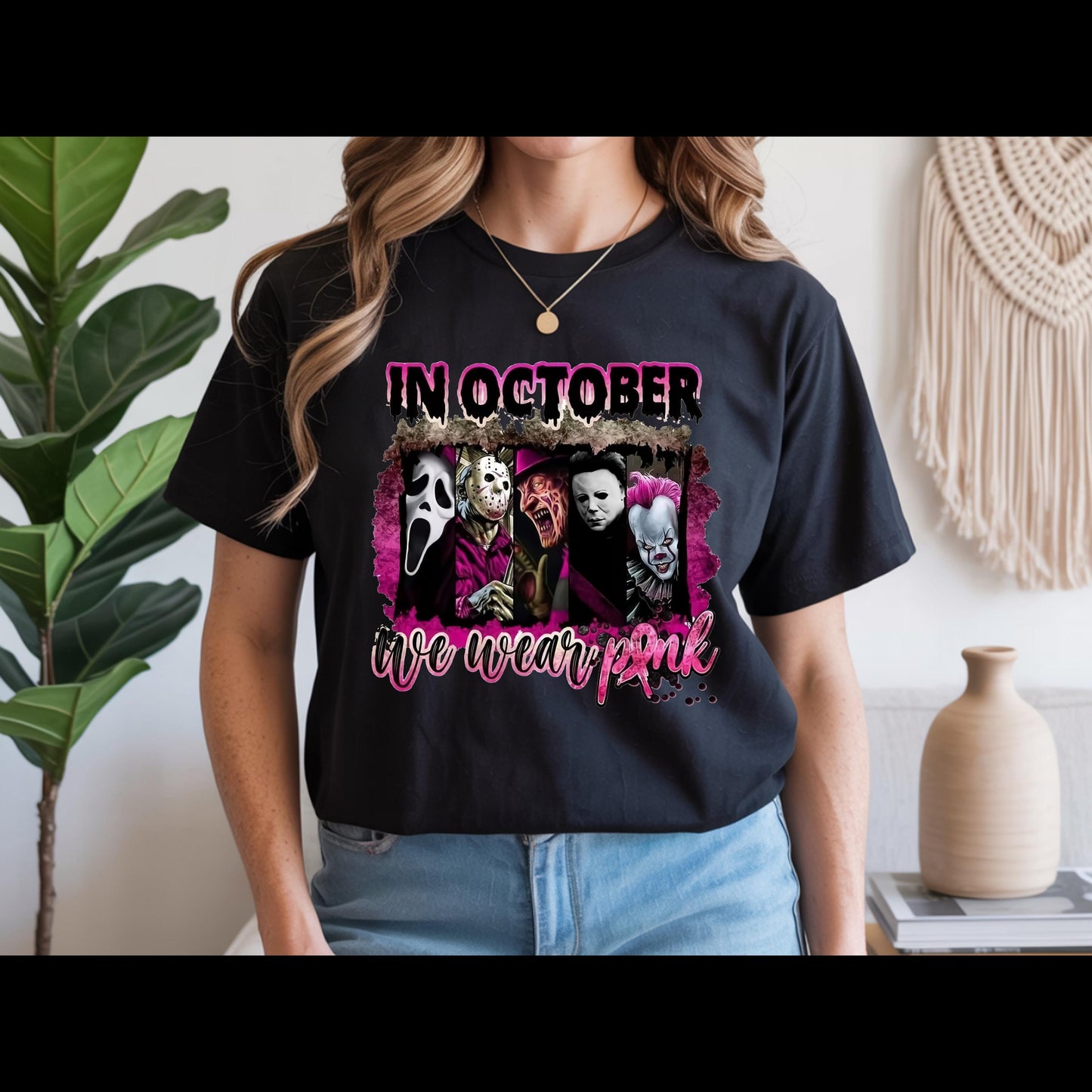 In October We Wear Pink Horror Shirt | Breast Cancer Awareness Halloween Tee | Spooky Pink Out Shirt