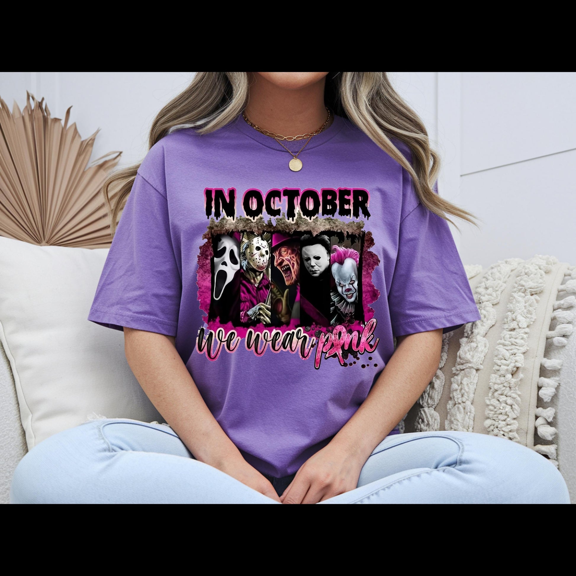 In October We Wear Pink Horror Shirt | Breast Cancer Awareness Halloween Tee | Spooky Pink Out Shirt