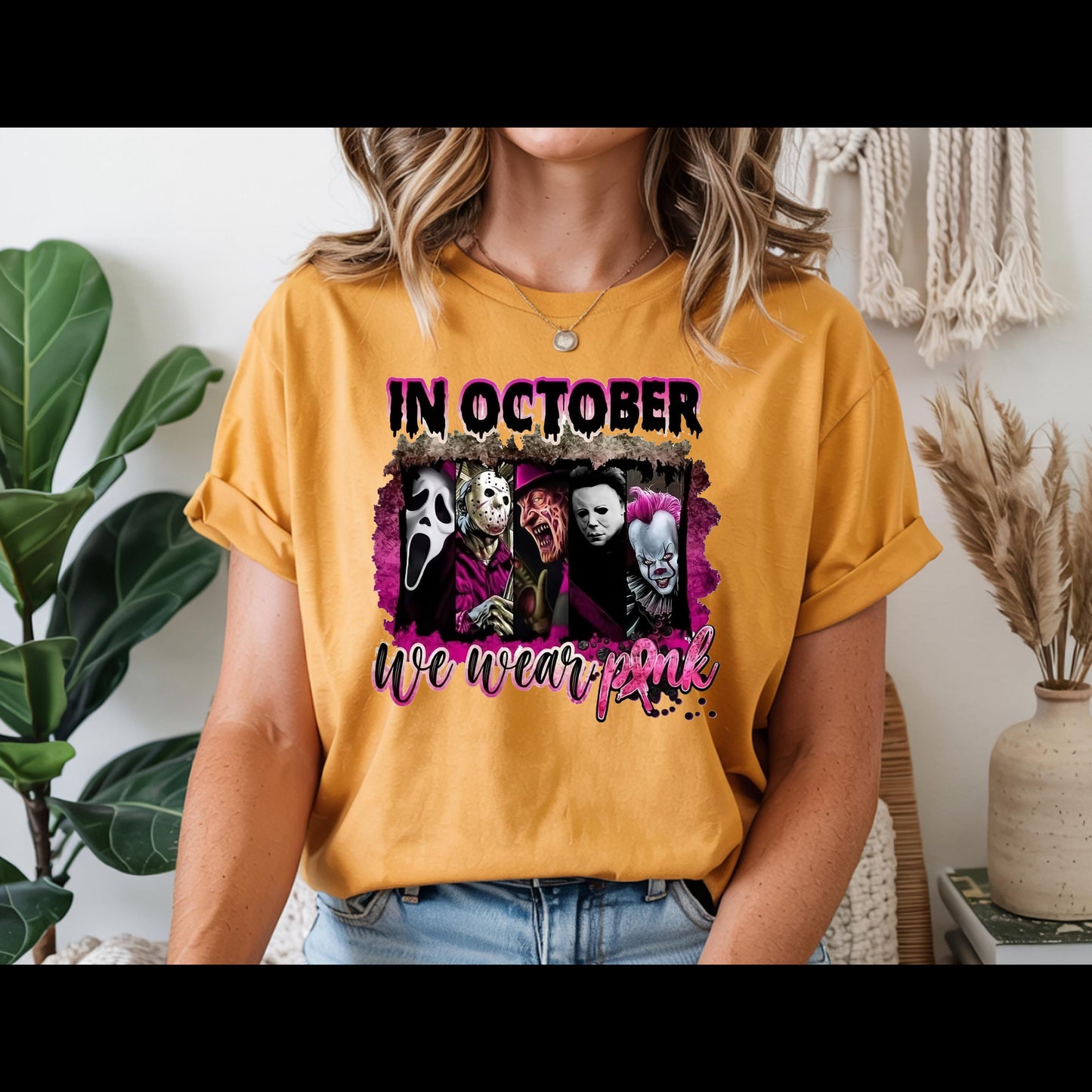 In October We Wear Pink Horror Shirt | Breast Cancer Awareness Halloween Tee | Spooky Pink Out Shirt