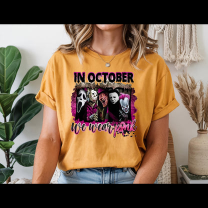 In October We Wear Pink Horror Shirt | Breast Cancer Awareness Halloween Tee | Spooky Pink Out Shirt