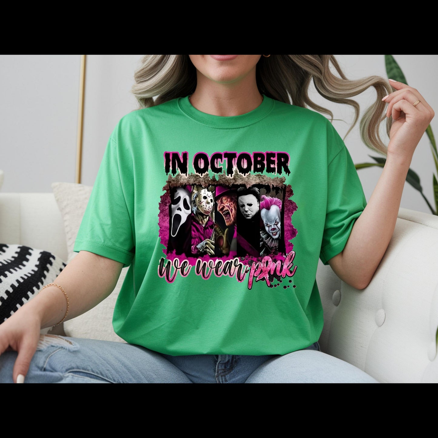 In October We Wear Pink Horror Shirt | Breast Cancer Awareness Halloween Tee | Spooky Pink Out Shirt