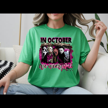 In October We Wear Pink Horror Shirt | Breast Cancer Awareness Halloween Tee | Spooky Pink Out Shirt
