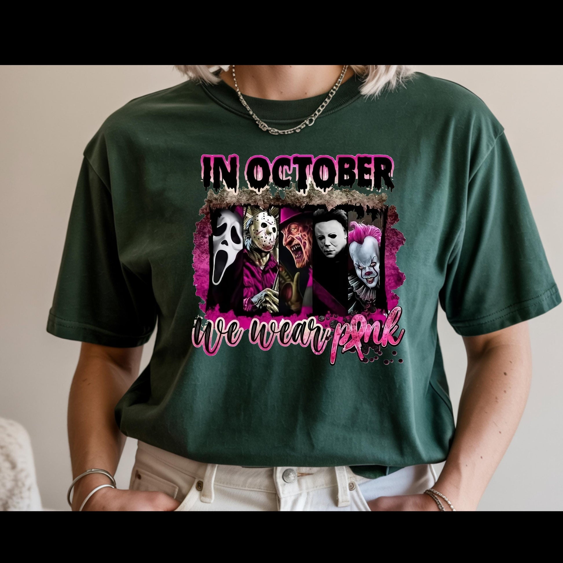 In October We Wear Pink Horror Shirt | Breast Cancer Awareness Halloween Tee | Spooky Pink Out Shirt