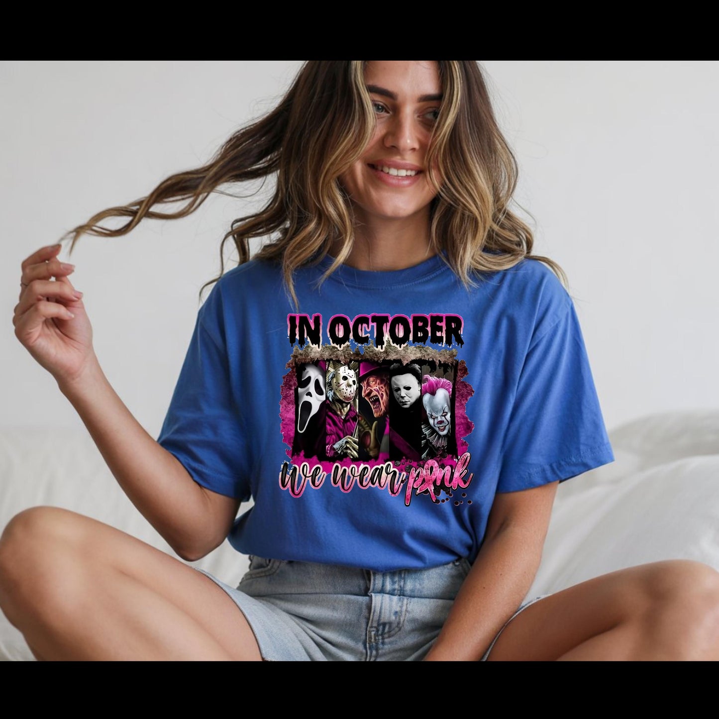 In October We Wear Pink Horror Shirt | Breast Cancer Awareness Halloween Tee | Spooky Pink Out Shirt