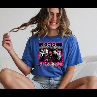 In October We Wear Pink Horror Shirt | Breast Cancer Awareness Halloween Tee | Spooky Pink Out Shirt
