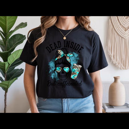 Dead Inside But Caffeinated Shirt | Funny Coffee Skull Tee | Turquoise Leopard Coffee Lover Shirt