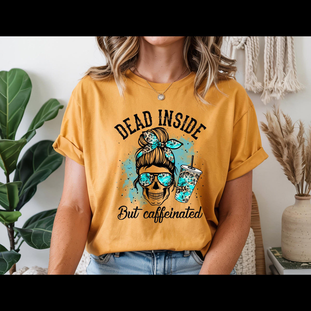 Dead Inside But Caffeinated Shirt | Funny Coffee Skull Tee | Turquoise Leopard Coffee Lover Shirt