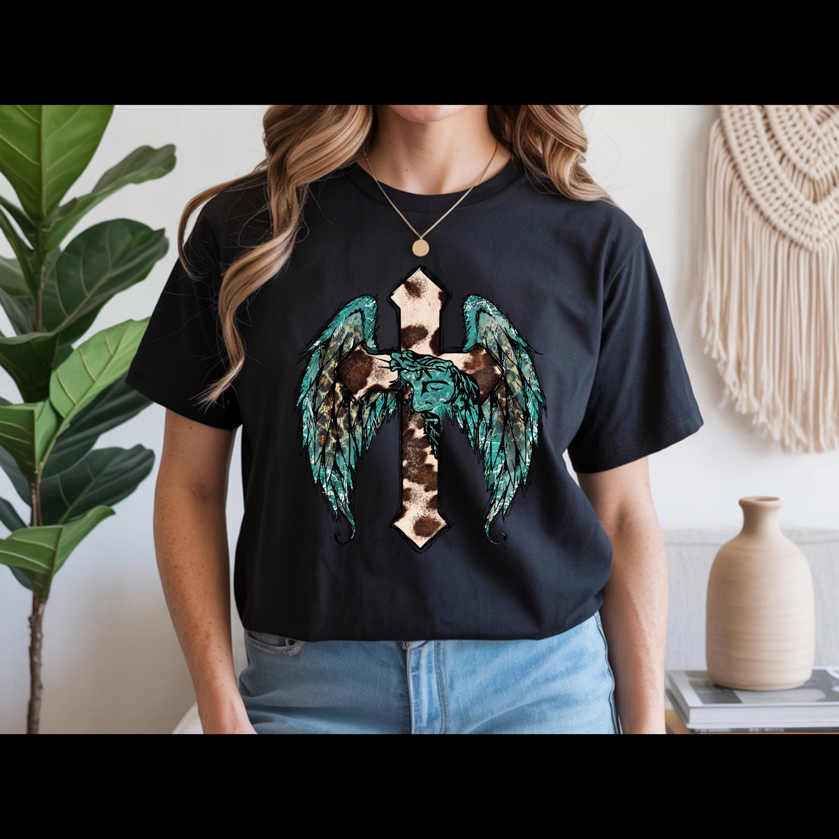 Western Cross with Angel Wings Shirt | Cow Print Christian Tee | Turquoise Faith Shirt