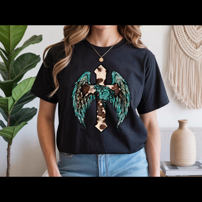Western Cross with Angel Wings Shirt | Cow Print Christian Tee | Turquoise Faith Shirt
