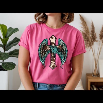 Western Cross with Angel Wings Shirt | Cow Print Christian Tee | Turquoise Faith Shirt