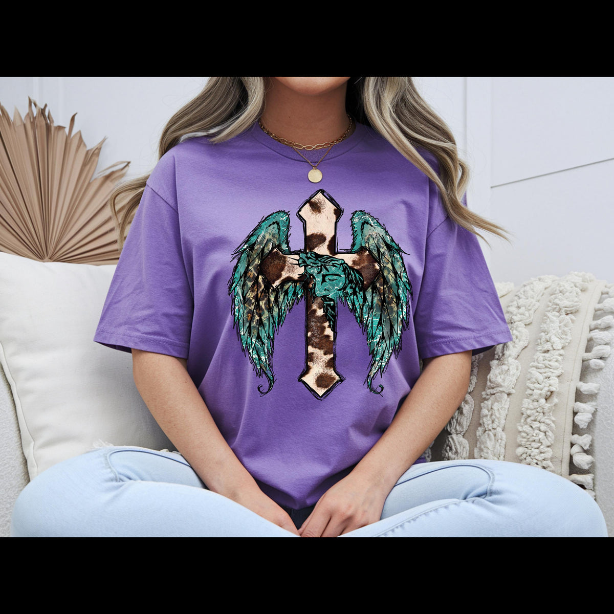 Western Cross with Angel Wings Shirt | Cow Print Christian Tee | Turquoise Faith Shirt