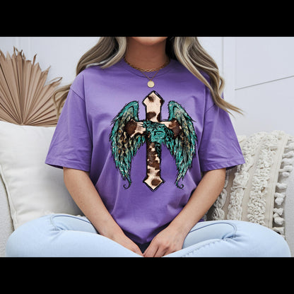 Western Cross with Angel Wings Shirt | Cow Print Christian Tee | Turquoise Faith Shirt