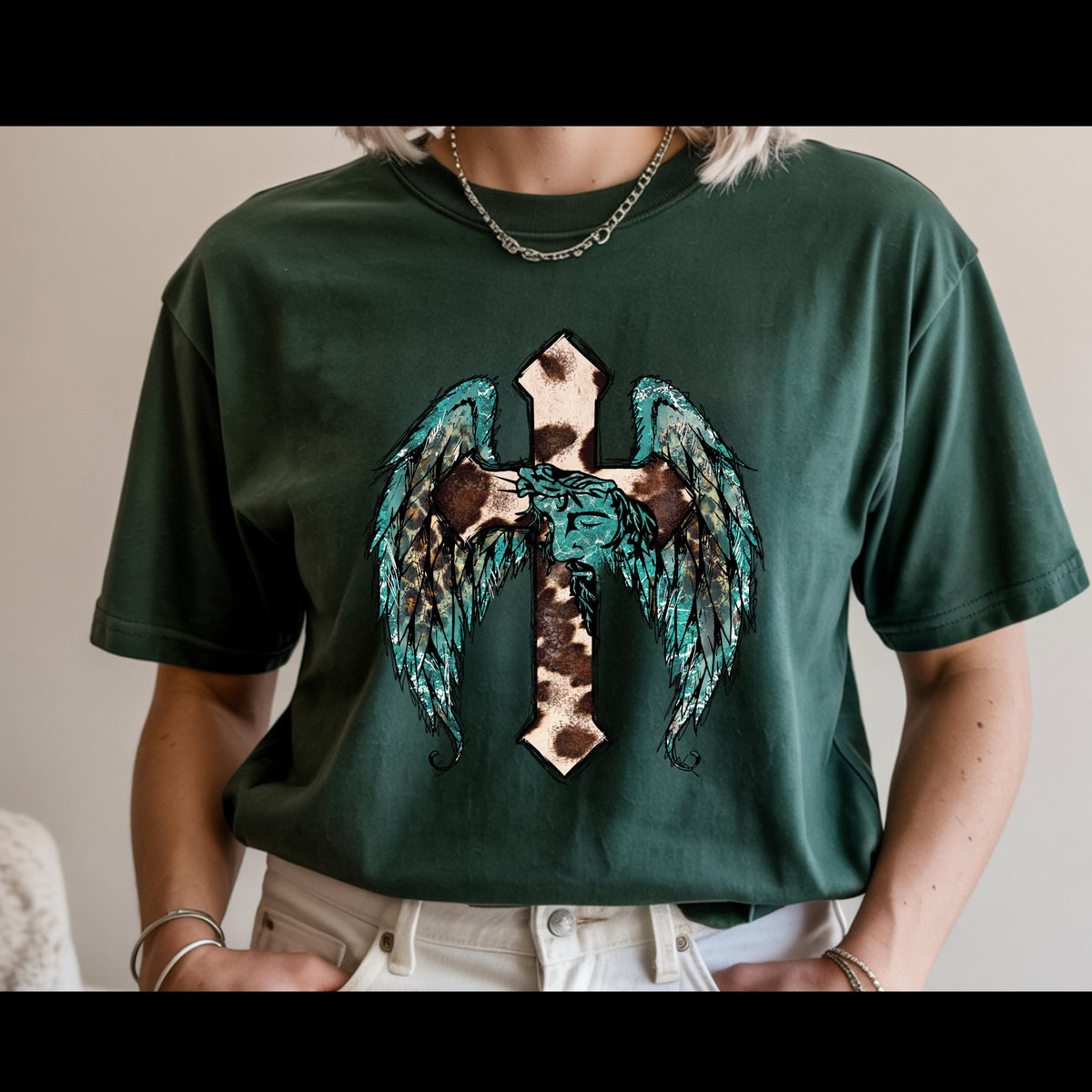 Western Cross with Angel Wings Shirt | Cow Print Christian Tee | Turquoise Faith Shirt