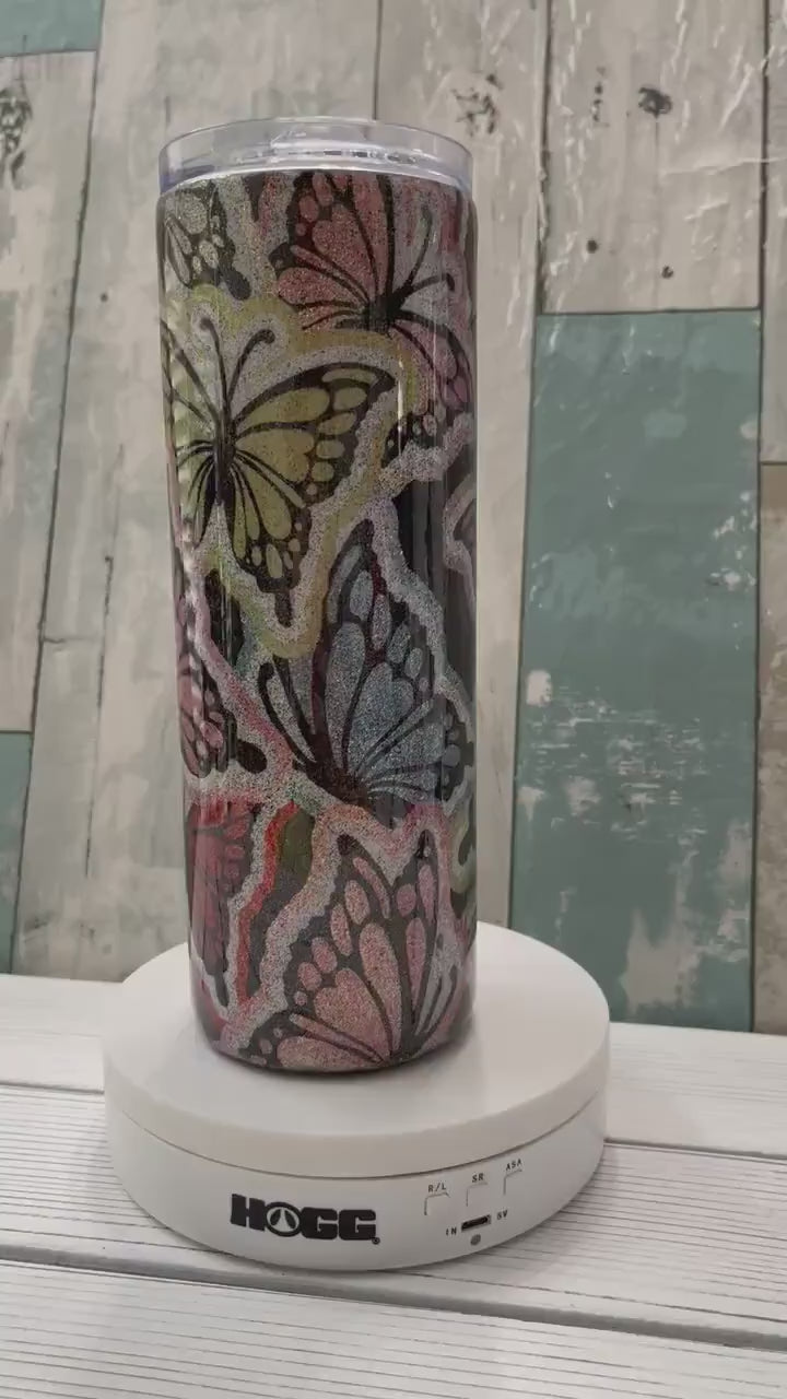 Rainbow Butterflies, Glittered Epoxy Insulated Tumbler