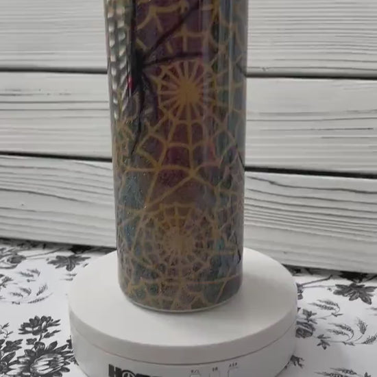 Halloween Tumbler, Black Widow Spider Web Tumbler, Glitter Epoxy 20 oz Skinny Tumbler