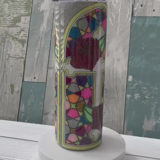 Stained Glass Cross & Flowers, Glitter Epoxy Custom oz Tumbler