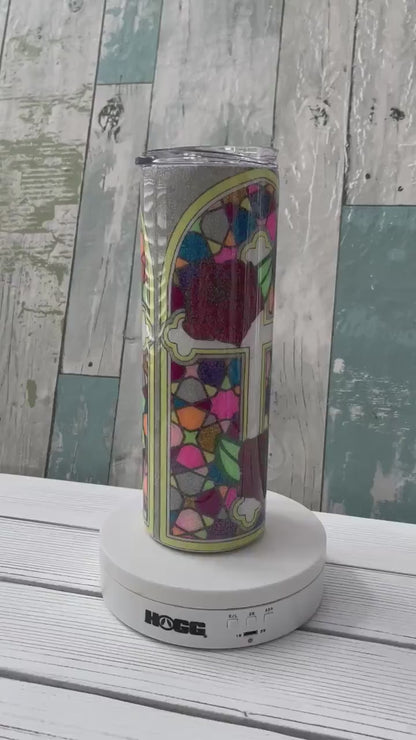 Stained Glass Cross & Flowers, Glitter Epoxy Custom oz Tumbler