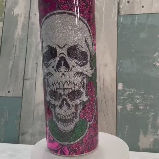 Pink Skulls & Roses, Glitter Epoxy 20oz Skinny Tumbler