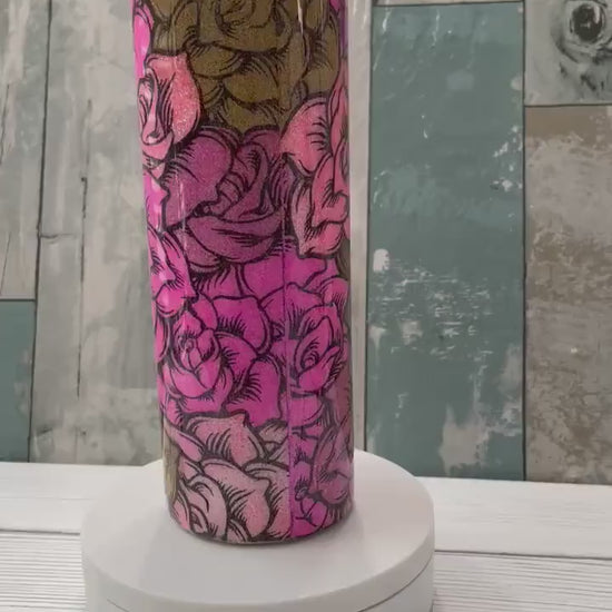 Pink & Gold Roses, Glitter Epoxy 20oz Skinny Tumbler