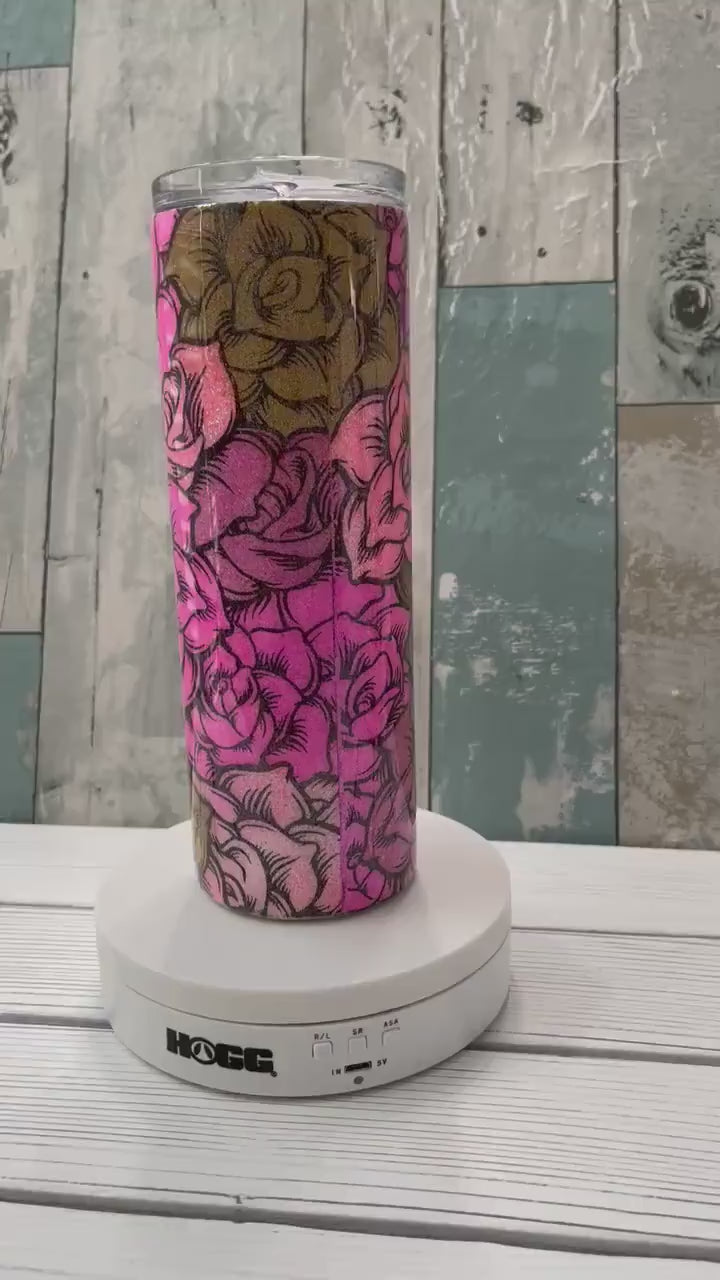 Pink & Gold Roses, Glitter Epoxy 20oz Skinny Tumbler