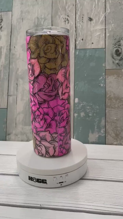Pink & Gold Roses, Glitter Epoxy 20oz Skinny Tumbler