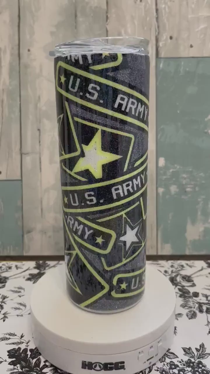 US Army Tumbler: Glitter Epoxy Stainless Steel Cup, Military Veteran Gift