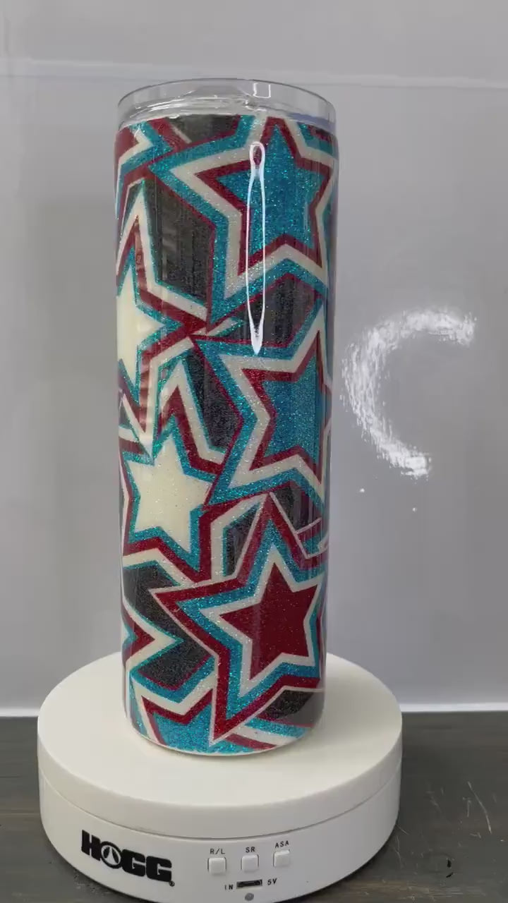 Patriotic Stars Tumbler: Glitter Epoxy Stainless Steel Cup, Red White & Blue, USA Pride