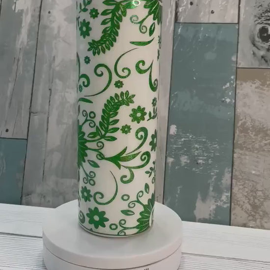 Green Paisley Flowers, Glitter Epoxy 20oz Skinny Tumbler