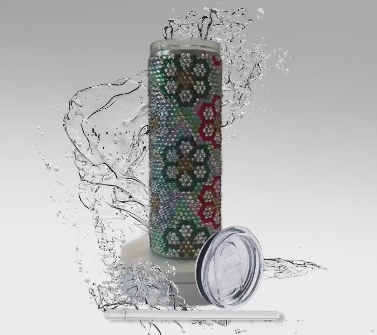 Rhinestone Tumbler, Artistic Flowers, 20 oz Rhinestone Bling Skinny Tumbler