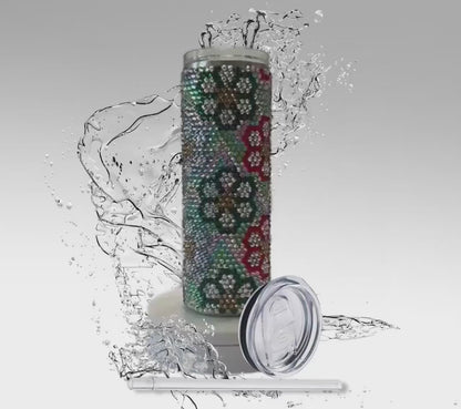 Rhinestone Tumbler, Artistic Flowers, 20 oz Rhinestone Bling Skinny Tumbler